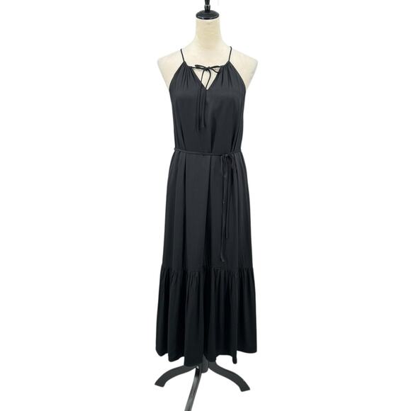 Banana Republic NWT Black Rayon Sleeveless Halter Tiered Belted Midi Dress - Picture 1 of 11
